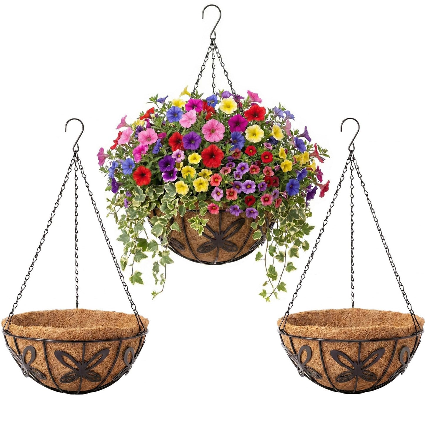 HZXXJCO 3 Pack Hanging Baskets for Plants Outdoor 14 Inch Butterfly Metal Hanging Planters with Coco Coir Liner, Round Hanging Flower Basket for Home Garden Patio Balcony Porch