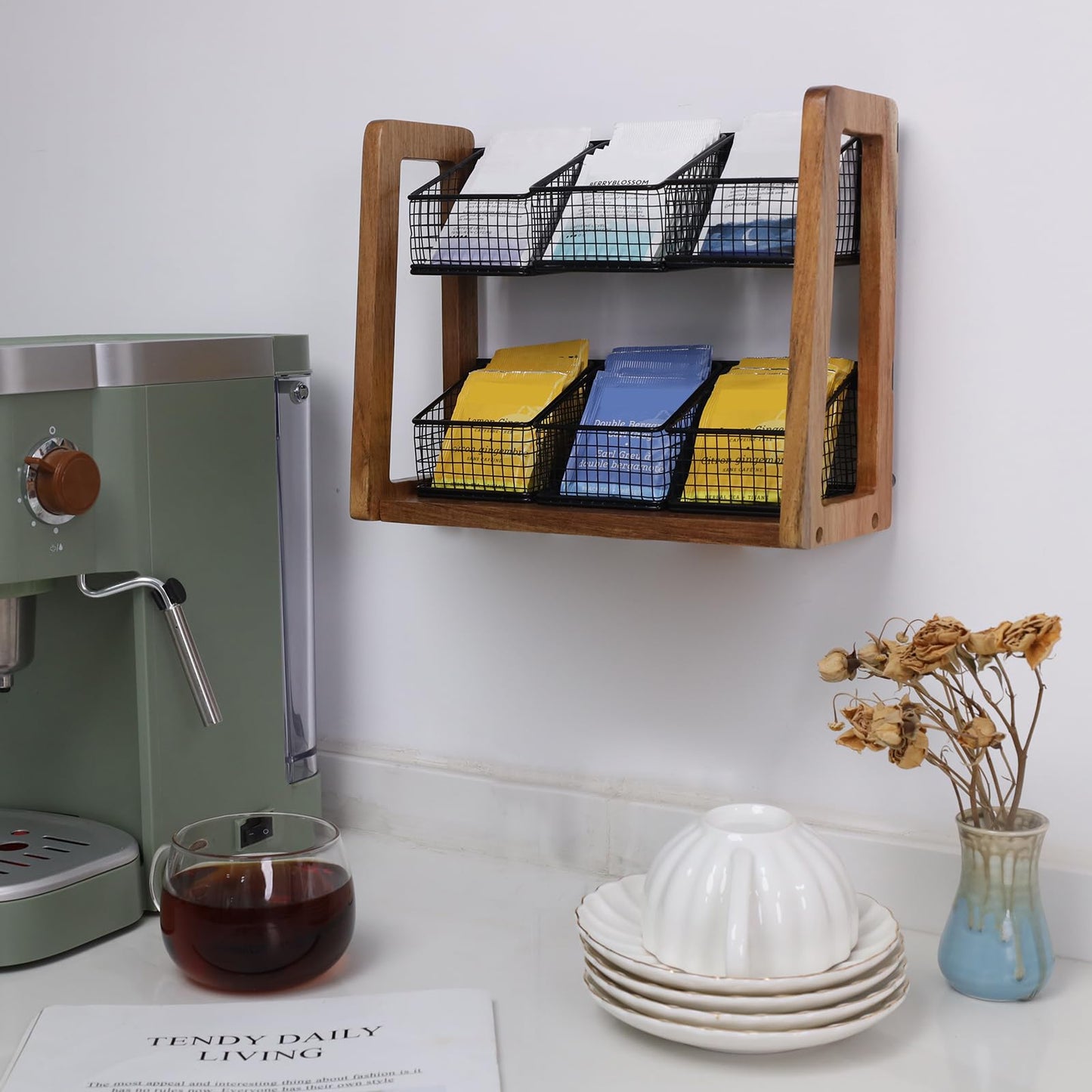 HTB 2 Tier Tea Organizer for Tea Bags, Tea Bag Holder with Acacia Wood Stand and 6 Removable Metal Basket for Sugar Packets, Sweeteners, Creamers for Cabinet, Countertop or Wall-mounted