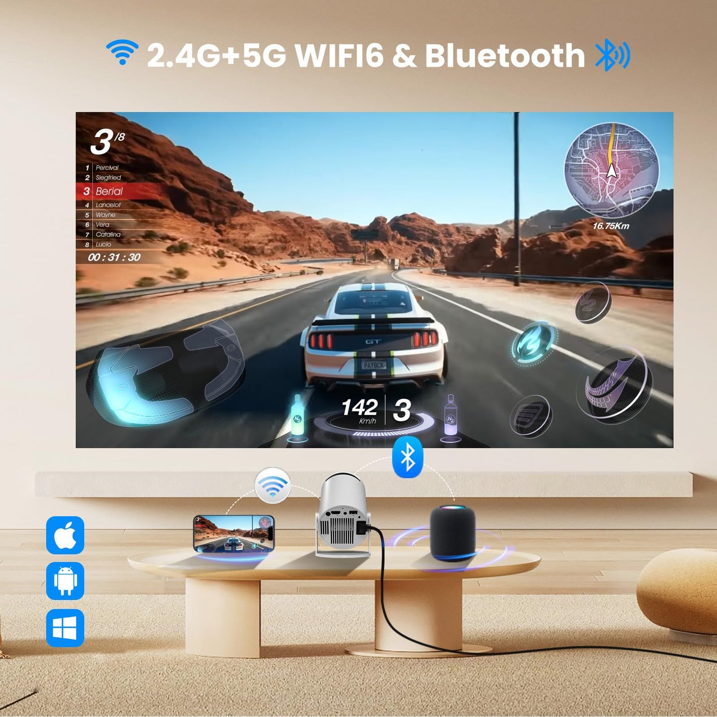[180°Adjustable Stand] Smart Mini Portable Projector with WiFi and Bluetooth, Auto Keystone Upgraded 350ANSI, Android11.0, Ceiling, Outdoor Use, Compatible with TV Stick Smartphone/HDMI/USB(White）