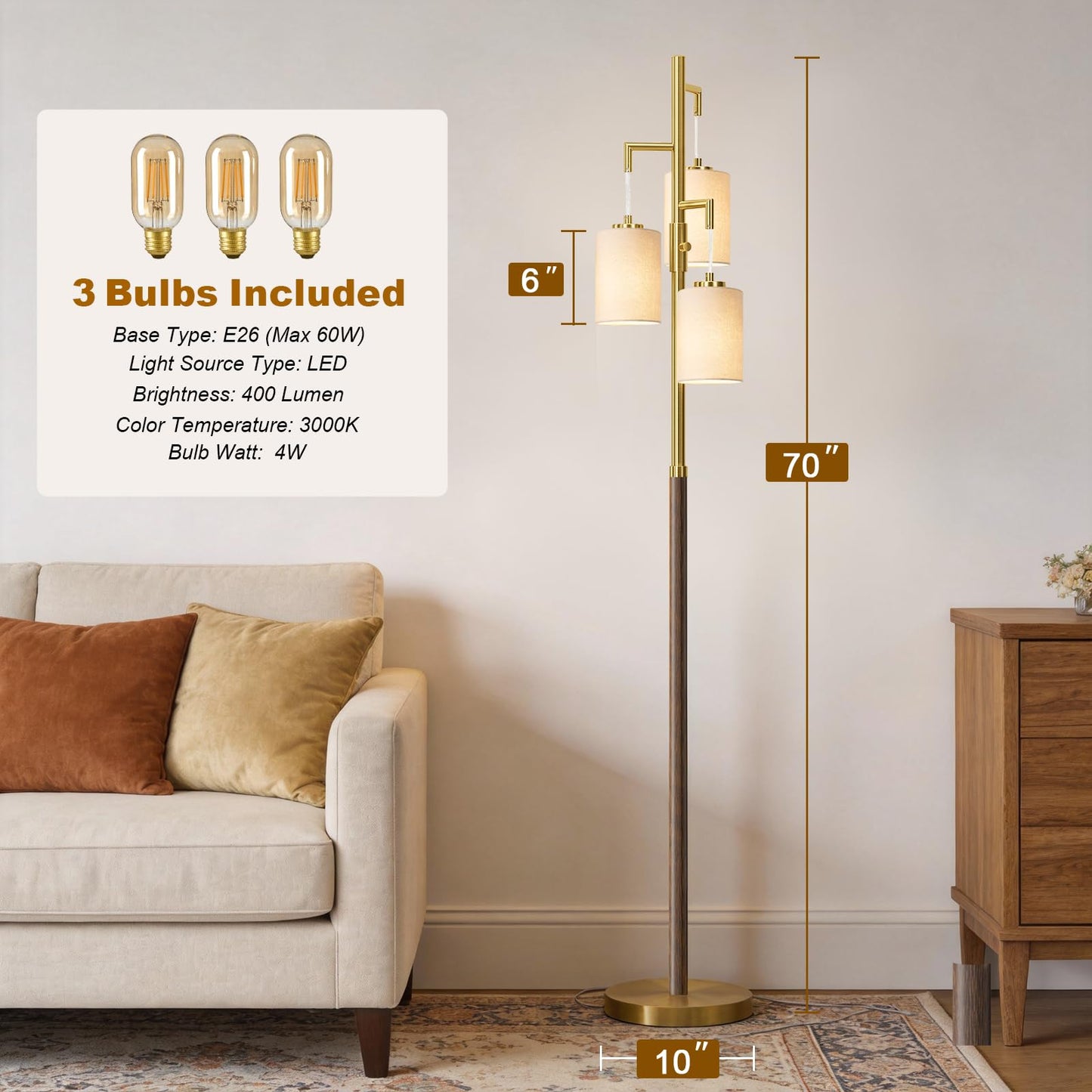 G-SAFAVA 70" Dimmable Floor Lamp Wood Floor Lamps for Living Room Bedroom Mid Century Modern Floor Lamp Gold Standing Lamp Tall Lamps for Office Nursery Reading Elegant Stand Up Lamp, 3 Bulbs Included