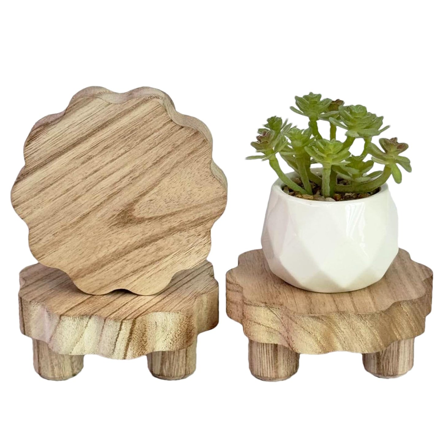 DEMULANS 3 Pack Small Scalloped Wood Risers for Display ,Mini 4 Inch Wooden Stands with Removable Feet Farmhouse Rustic Decor for Table Tiered Trays Home Kitchen Decoration (mini Light Brown, 4 Inch)