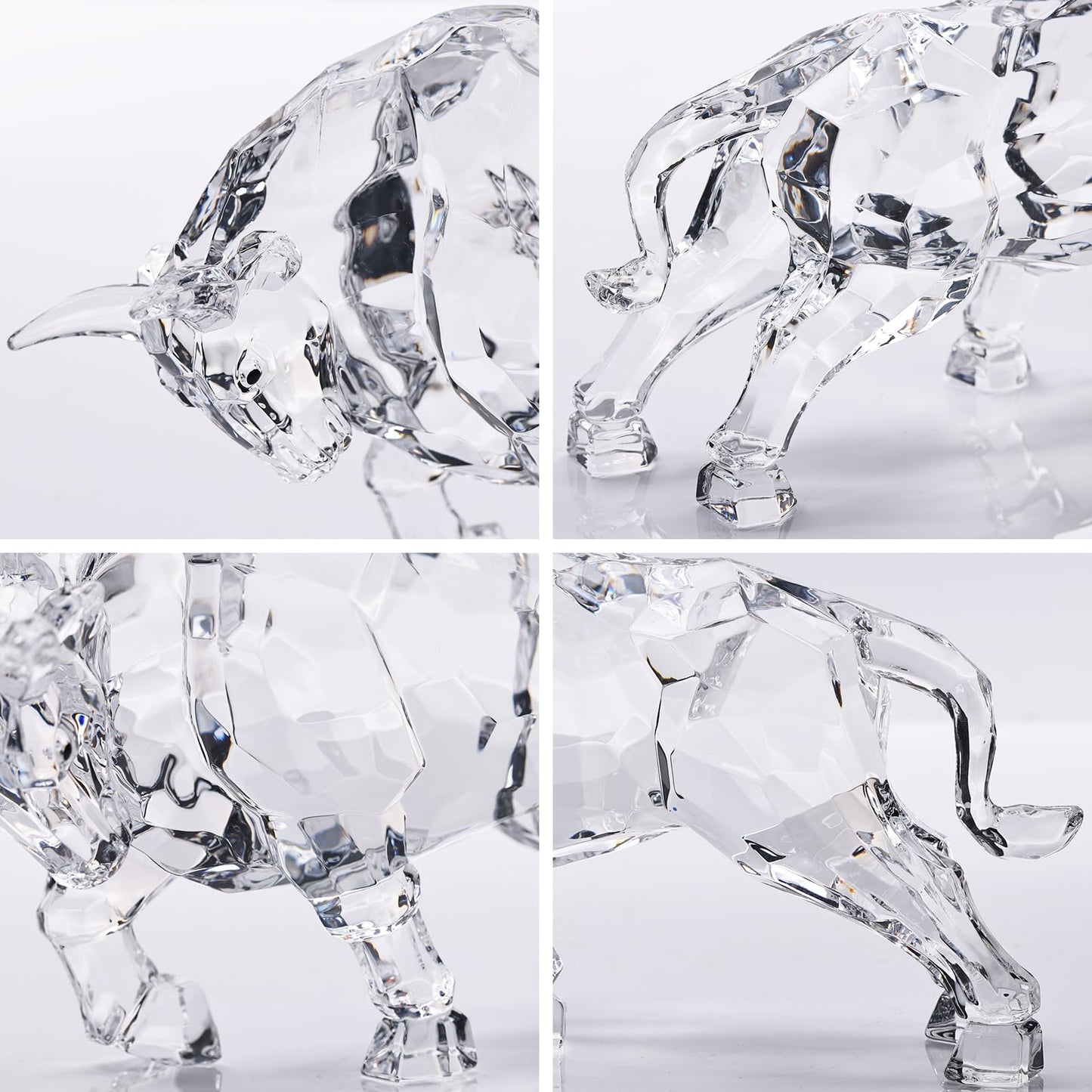 PlivBloom Fengsui Wall Street Bull Statue,Geometric Ornaments Sculpture,Acrylic Bull Figurine Suitable Gifts for Stock Market Lovers, Crystal Figures for Desk Ornaments,Tv Stand Knick Knacks (White)