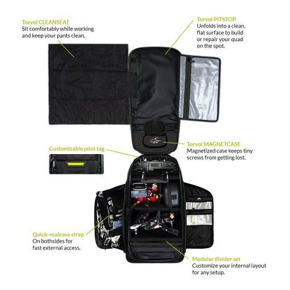Torvol Quad PITSTOP Backpack Pro Stealth Edition – FPV Drone Backpack for 4 Quads + Gear, Compatible with DJI Mini 3, DJI Mini 4 Pro, Avata, Mavic, Goggles, Laptop, Black, With Rain Cover, 30L
