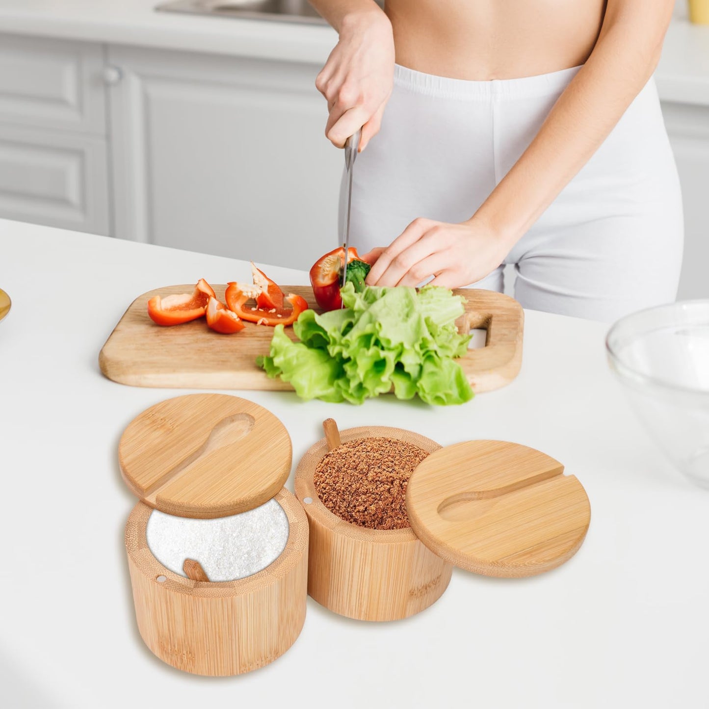 FHUIEWRY 3Pcs Bamboo Salt Cellar, Salt Box Bowl with Magnetic Swivel Lid & Spoon, Round Salt Container Holder Spice Box with Label Stickers to Storage Pepper Spice Sea Herbs Sugar for Countertop,6 OZ