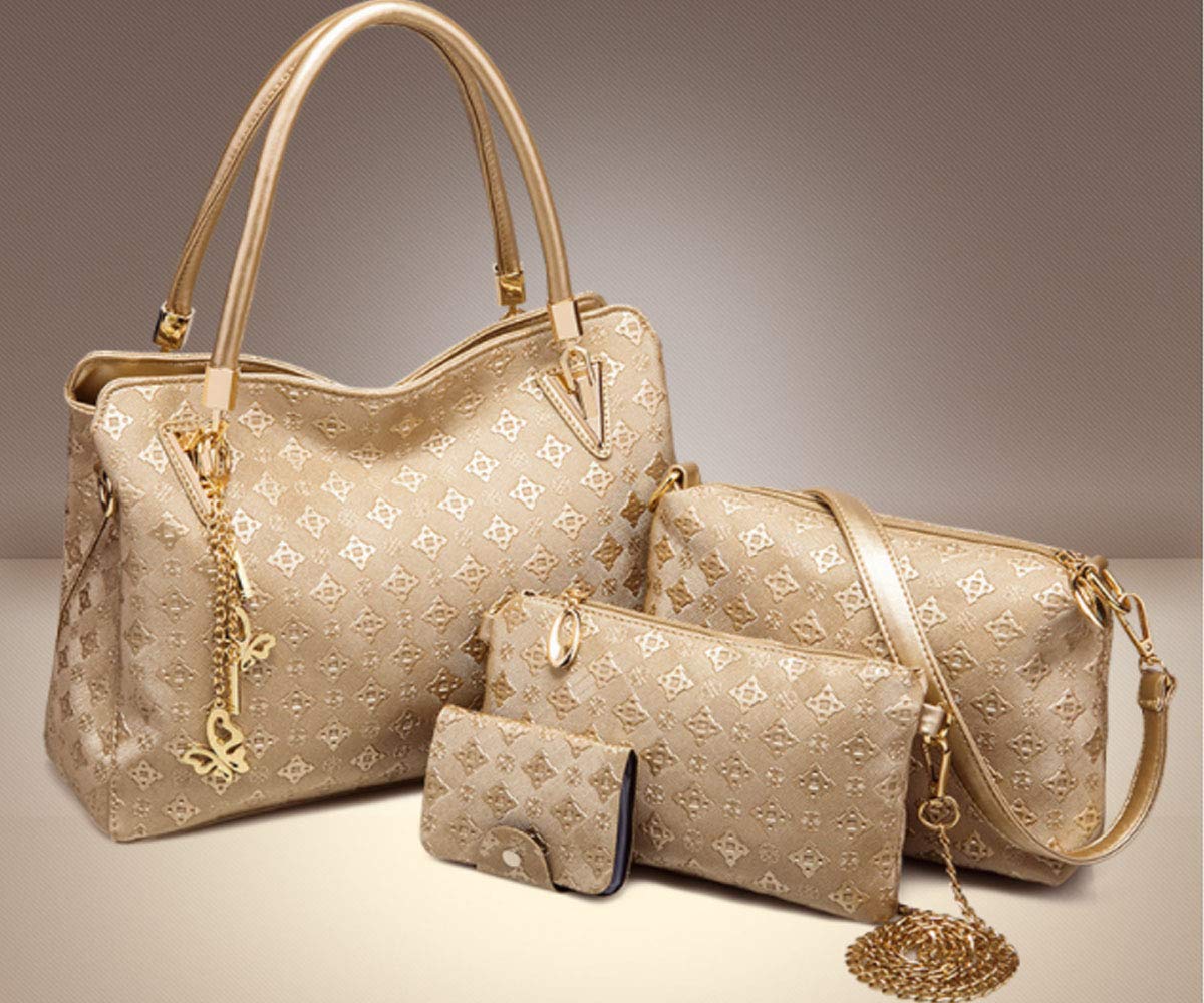 FiveloveTwo Women PU Ladies Handbag Purse Tote Satchel Shoulder Bag Tassel Print 4pcs Set Top Handle Bag Clutch Card Holder Gold