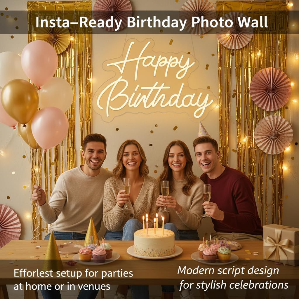 Happy Birthday Neon Sign, 22×16.9 Inch Large Warm White Dimmable LED Light Up Sign, Neon Happy Birthday Banner Backdrop for Party Wall Decor