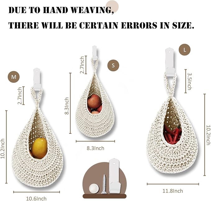 Hanging Fruit Basket Set of 3, Boho Wall Hanging Storage Basket