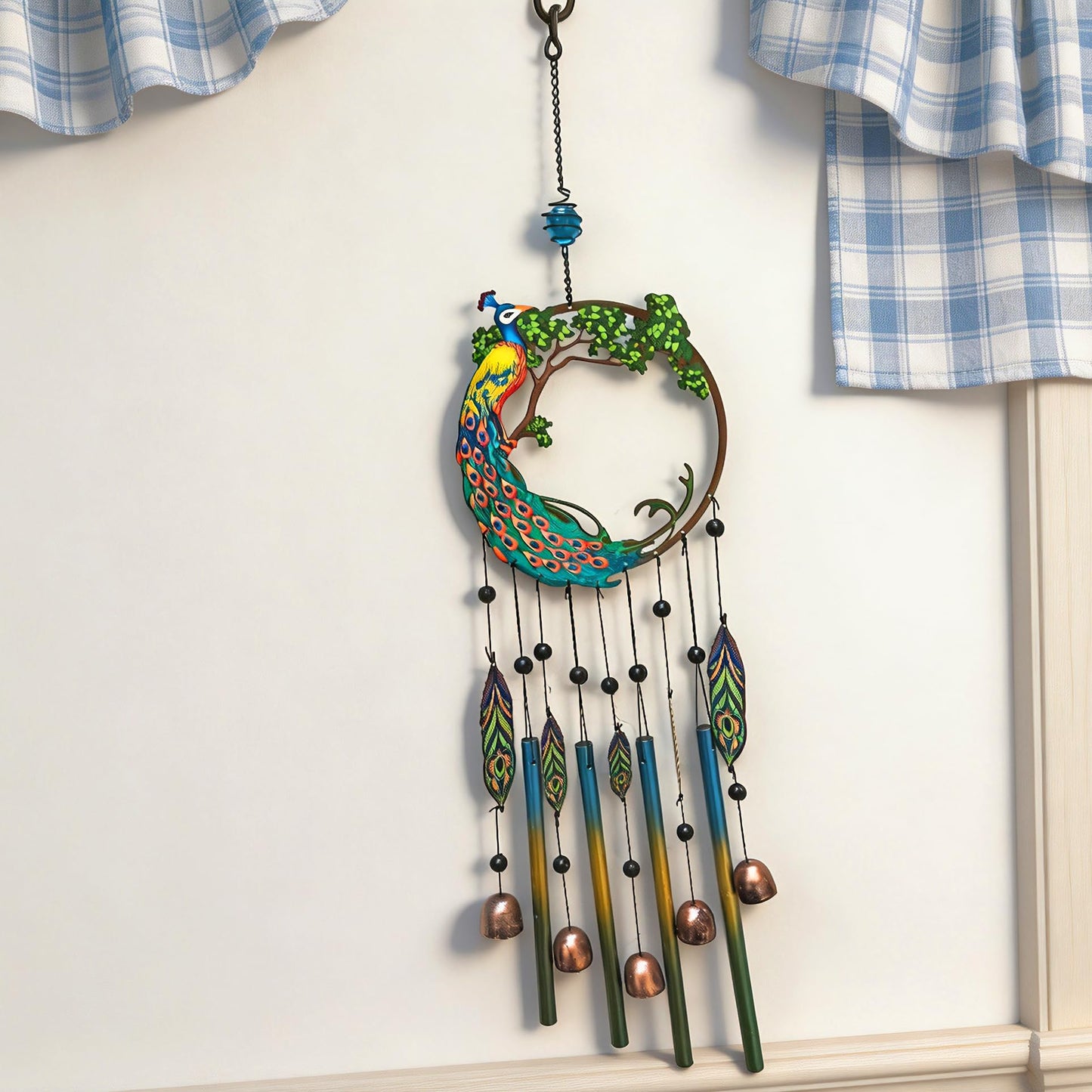 Peacock Dream Catchers Windchimes with Copper Bells 28" Peacock Wind Chimes for Zen Atmosphere Outdoor Garden Decor Unique Peacock Gift Home Decor