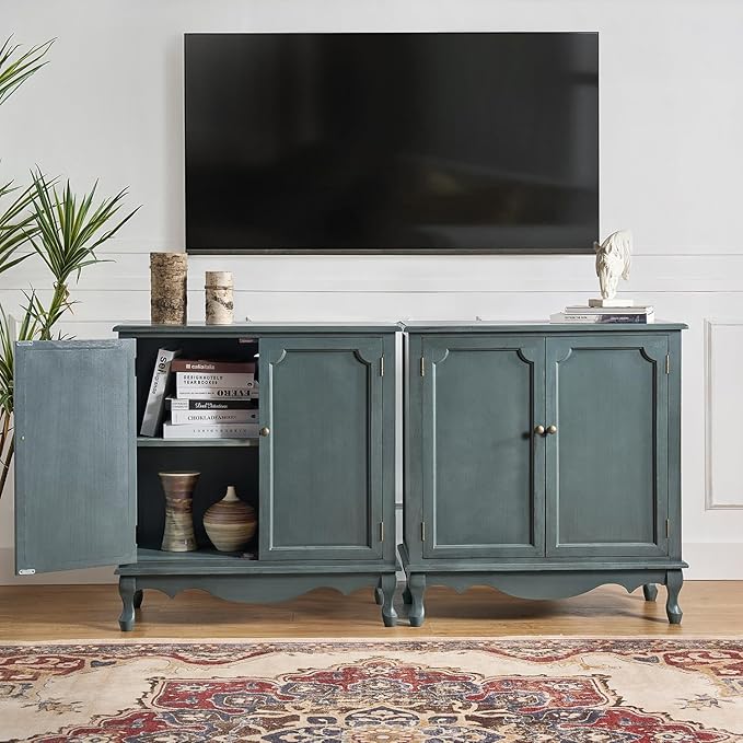 Solid Wood Sideboard with Adjustable Feet, 2 Shelves Storage Accent Cabinet