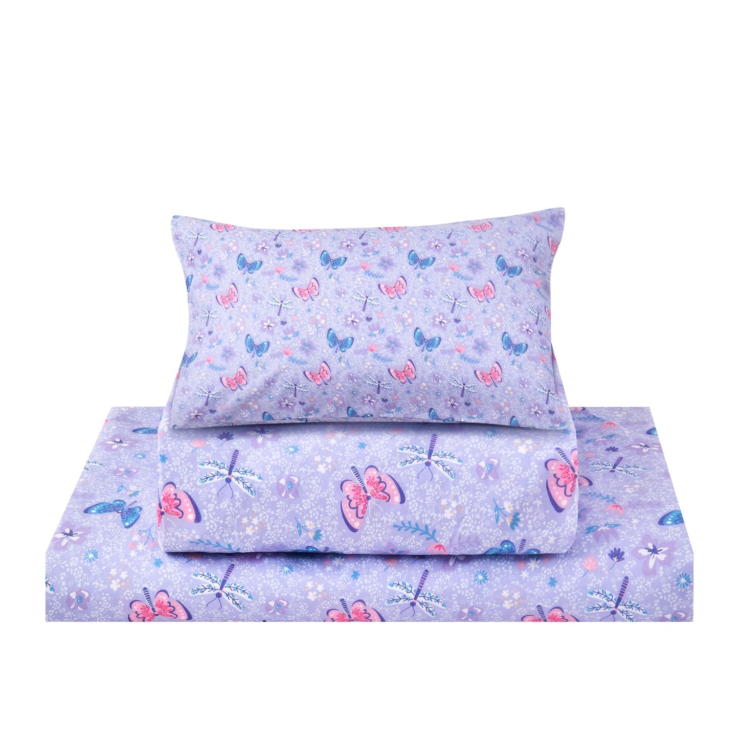 lasoftan Kids Sheet Set Twin Size 3 Pcs, Girls Sheet Set with Floral Butterfly Pattern，Kids Twin Fitted Sheet，Breathable & Silky Soft Microfiber Fitted Sheet