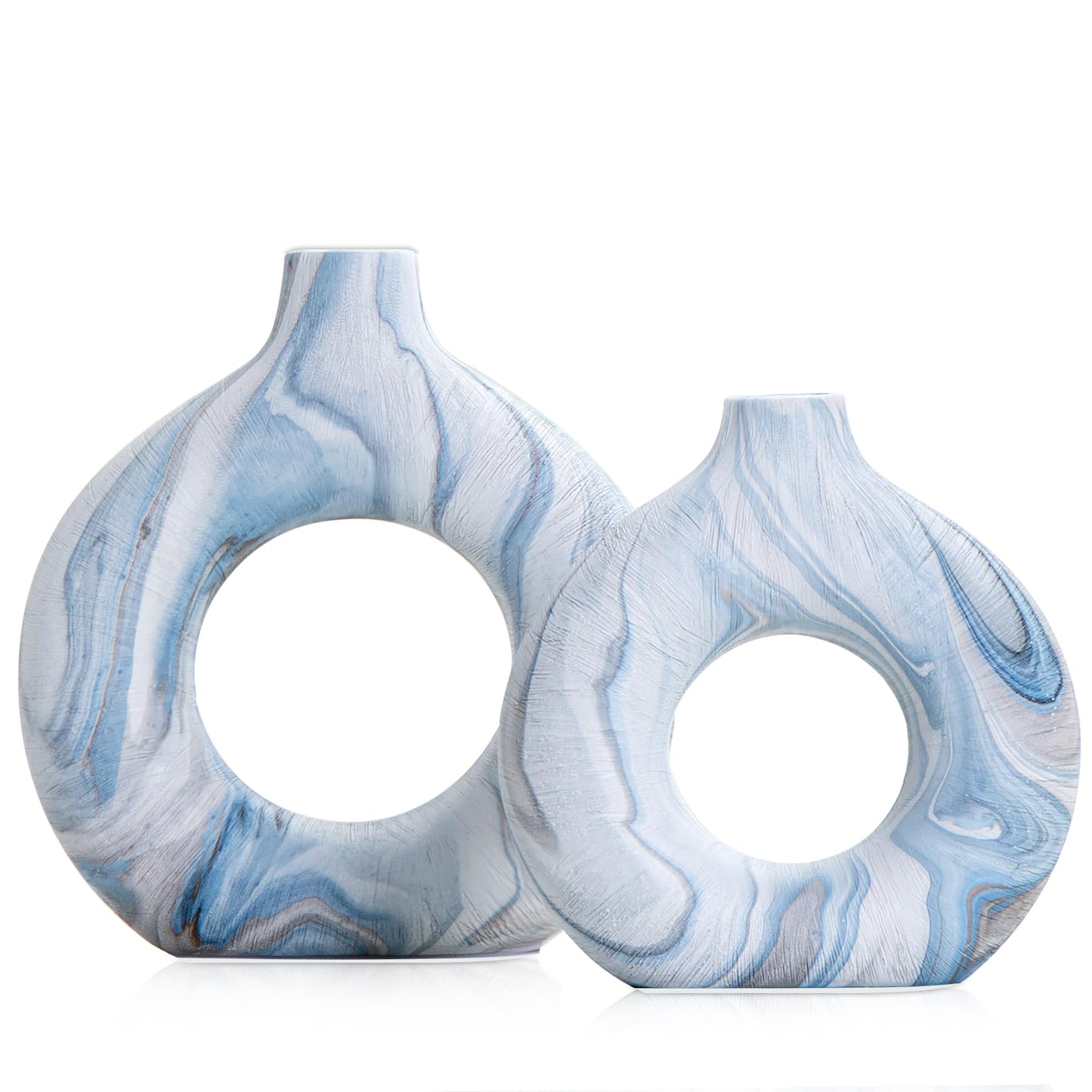 Ceramic Donut Vase Set of 2, Light Blue & White Ring Centerpiece for Pampas Grass, Modern Boho Hugging Snuggle Design, Small Blue Flower Holder for Shelf, Mantel, Wedding Table Decor（8.07"H & 6.3"H）