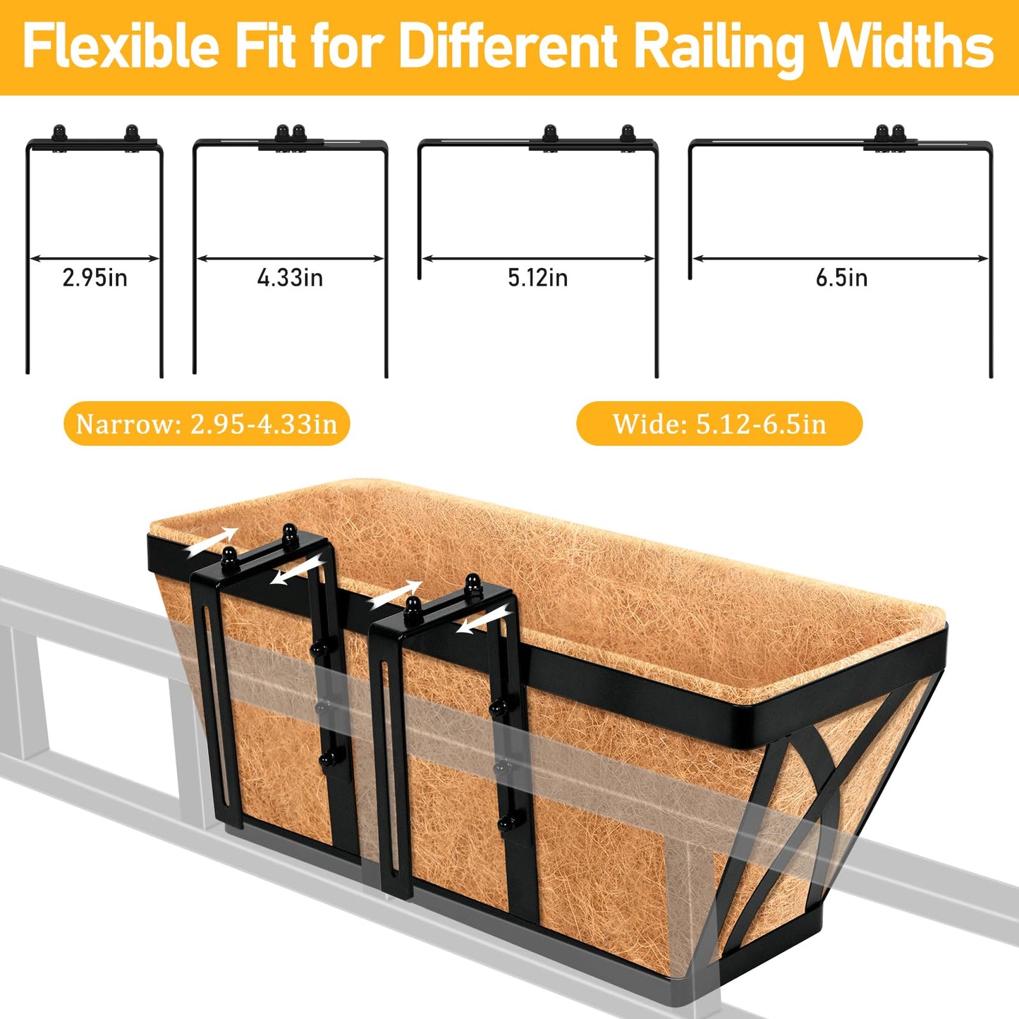 Riare 4 Pack 16 Inch Metal Railing Planter Window Box with Coco Liner- Adjustable Window Flower Boxes for Railings, Hanging Rail Planters for Deck, Balcony, Porch, Fence, Indoor Outdoor Plants