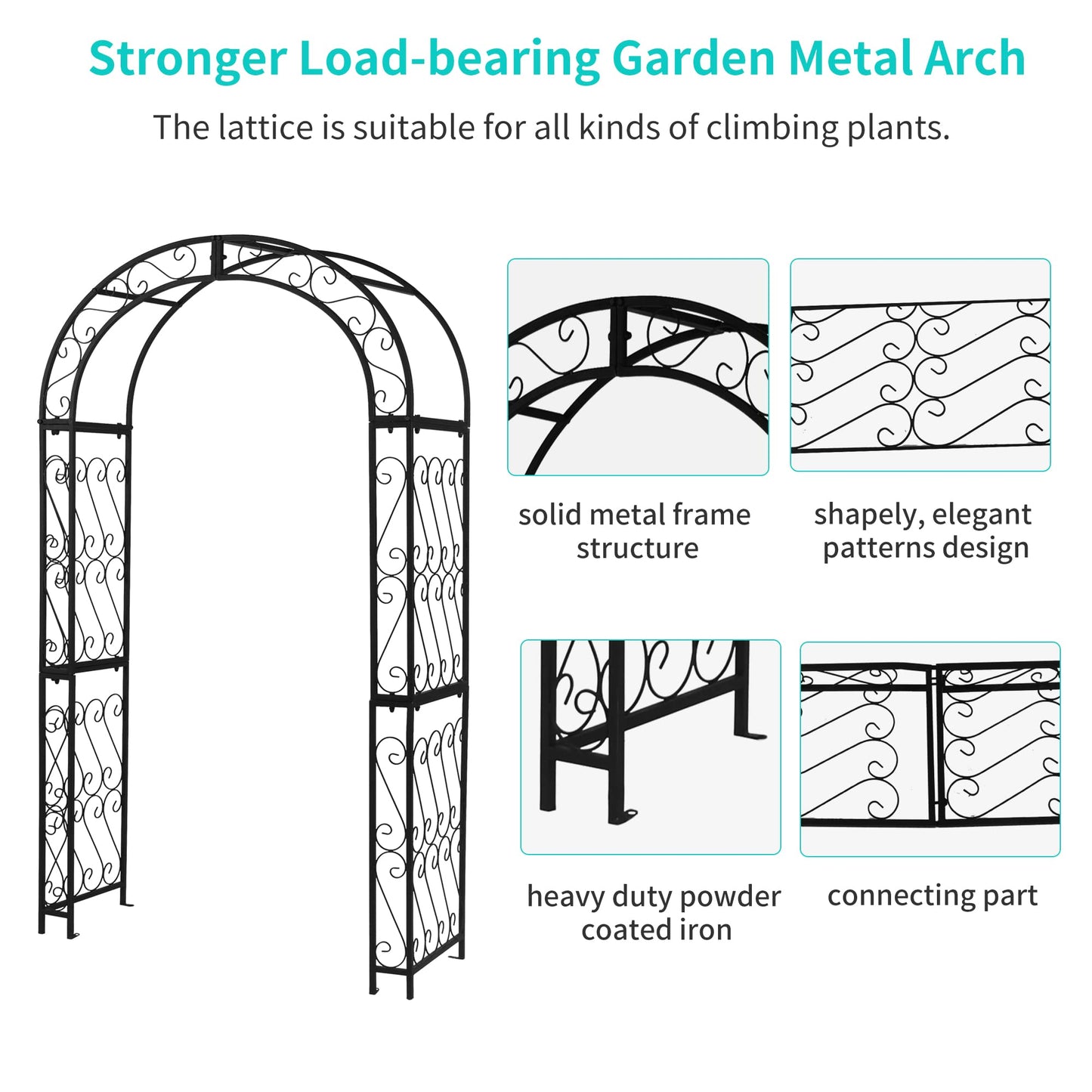 Flohover 48.8" W x 83.8" H Garden Arch, Black Sturdy Metal Iron Arbor, Courtyard Cast Trellis for Various Climbing Plant, Outdoor European-Style Archway Wedding Ceremony Party