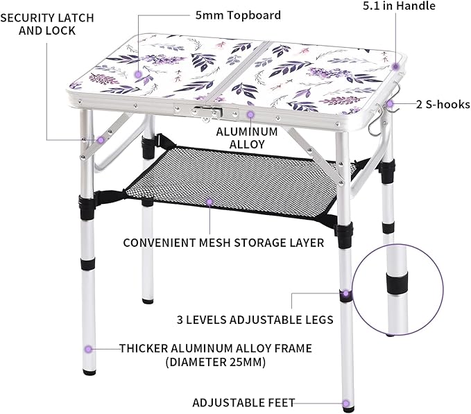 Yriuat Folding Camping Table 2ft Portable Picnic Table Adjustable Height Small