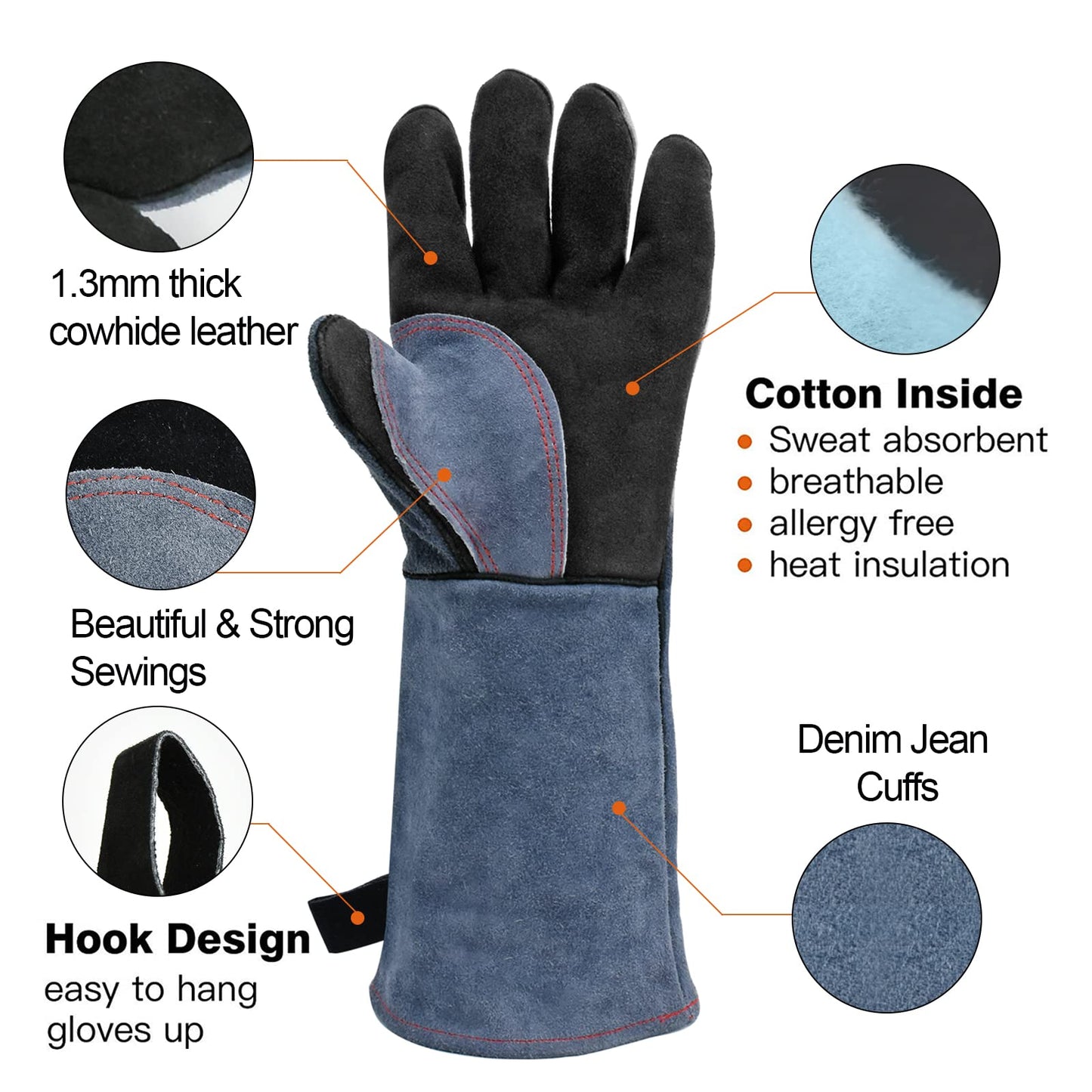 HITBOX Extreme Heat & Fire Resistant Gloves with Kevlar Stitching 16 ‘’ 932℉ Leather Fire Gloves for Arc Tig Mig Wood Stove Oven BBQ Grill Pot Holder Barking Animal Handling – Free Size for Men Women