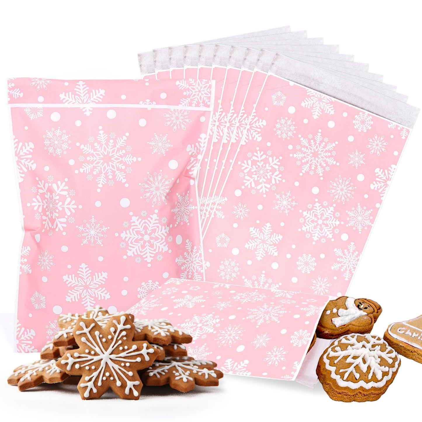 Whaline 100Pcs Winter Snowflake Treat Bags Pink Self-Adhesive Snowflake Candy Buffet Paper Bag Goodie Snack Gift Bags for Xmas Holiday Party Favors