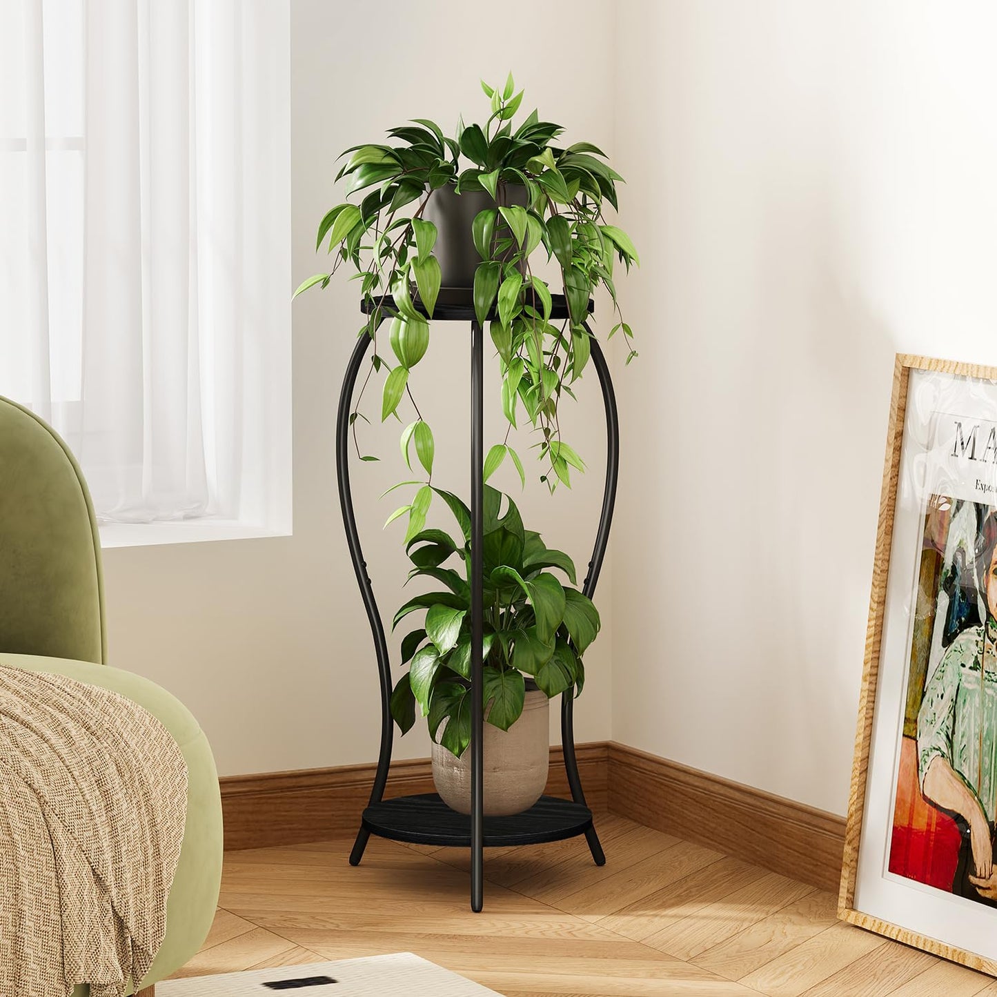 VYUOL Plant Stand Indoor, 2 Tier Round Tall Plant Stand, Flower Pot Stand, Plant Shelf Rack, Corner Plant Stand for Planter Garden Balcony Patio Living Room, Black