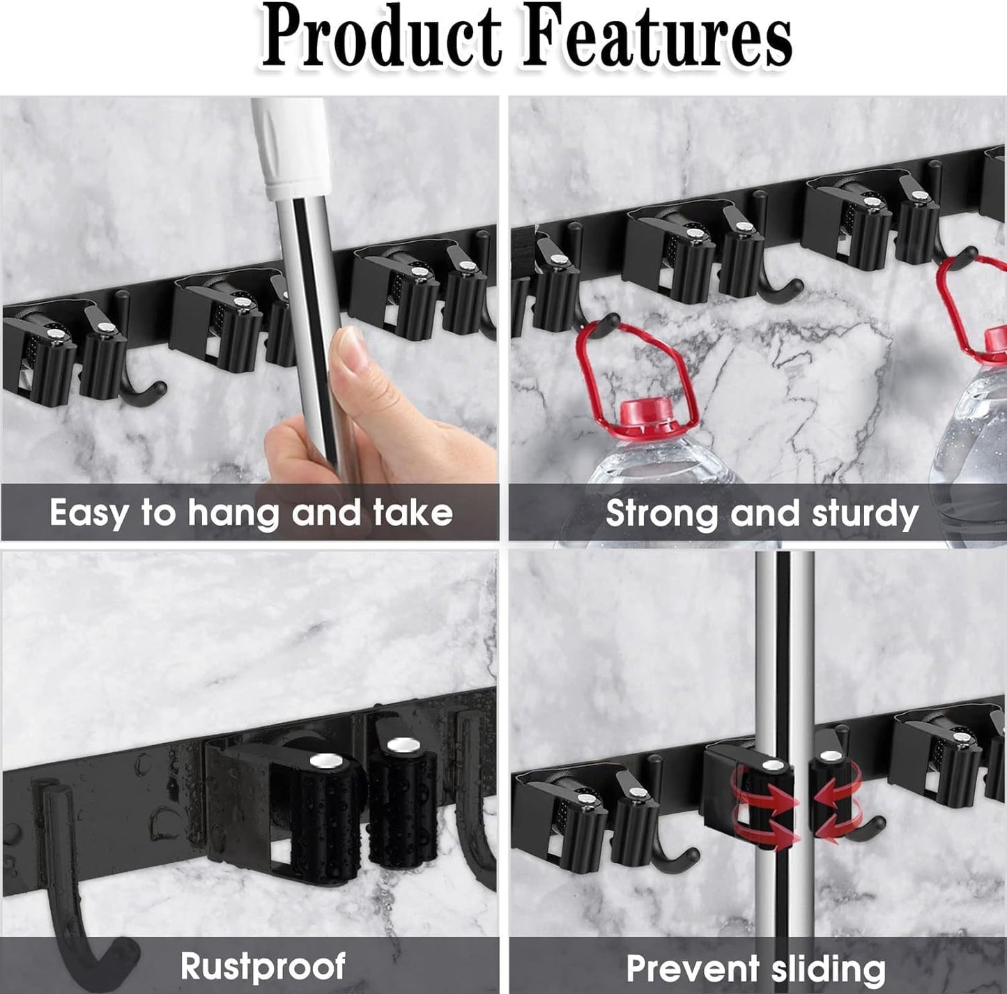 5 Holders+4 Hooks Black Broom Holder Wall Mounted with Nails Installation, Heavy Duty Stainless Steel Mop Holder, Brush Mop and Broom Storage Self Adhesive