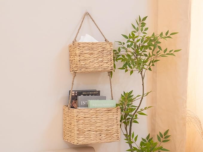 YAHUAN Water Hyacinth Hanging Basket 2-Tiered Woven Wicker Wall Basket Organizer