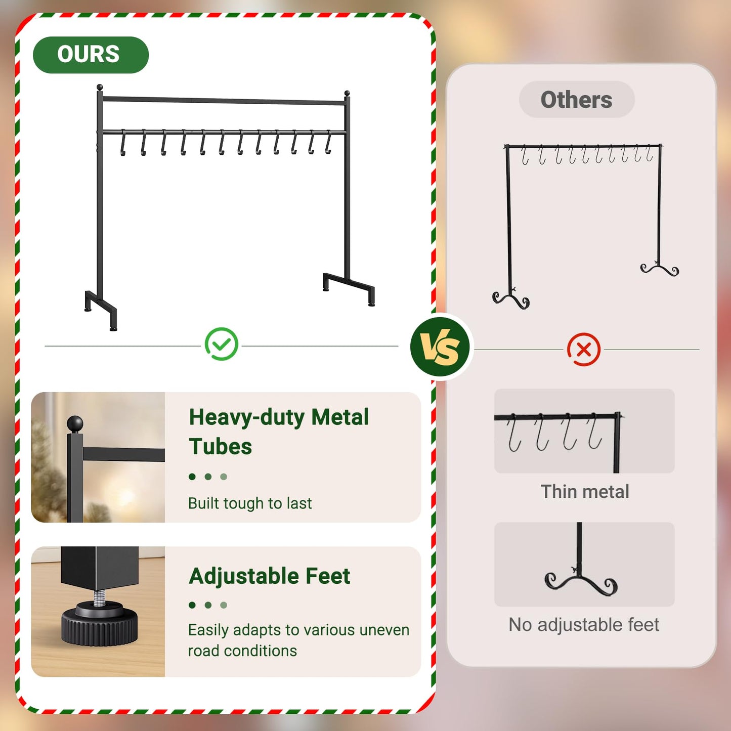ELYKEN Christmas Stocking Holder Stand, Freestanding Stocking Rack with 12 Removable Hooks, Heavy Duty Metal Christmas Stocking Stand for Floor, Weighted Stocking Holder with Adjustable Feet, Black