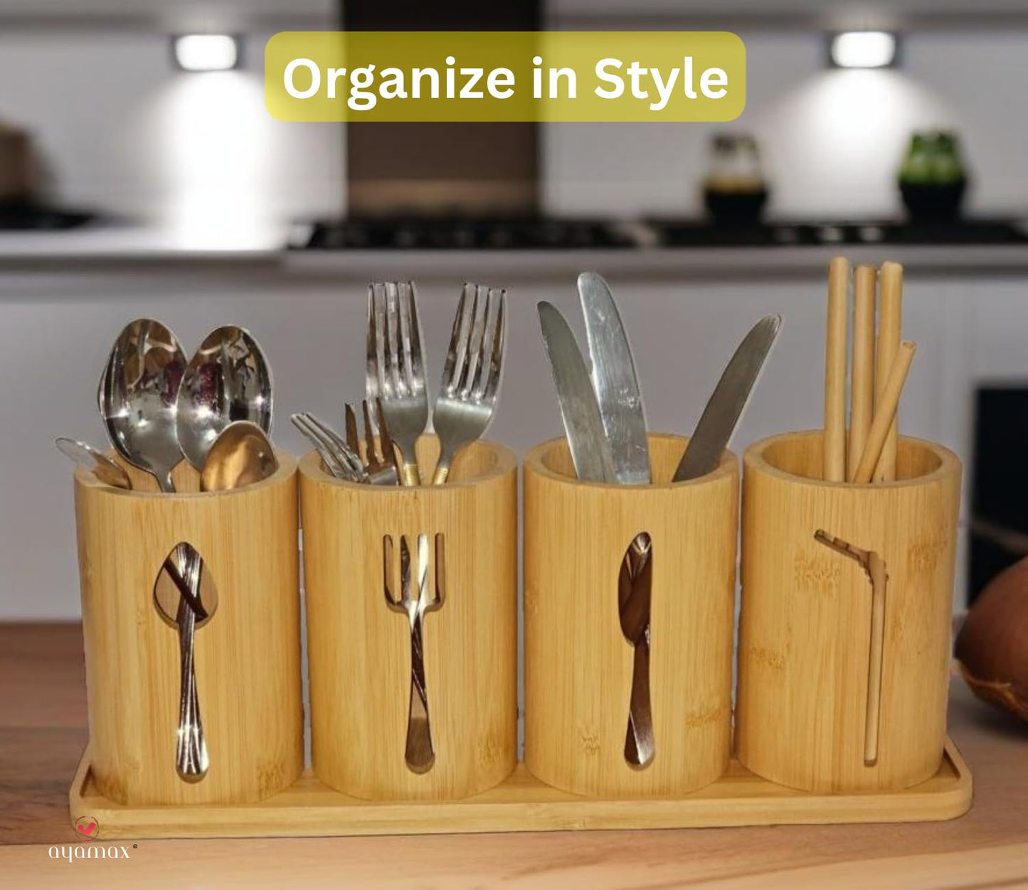 AYAMAX Bamboo Cutlery Holder Set - 4 kitchen Utensils Holder with Bamboo Tray | Decorative kitchen countertop Cutlery Stand | Utensil holder - knife, fork Spoon and Straw holders