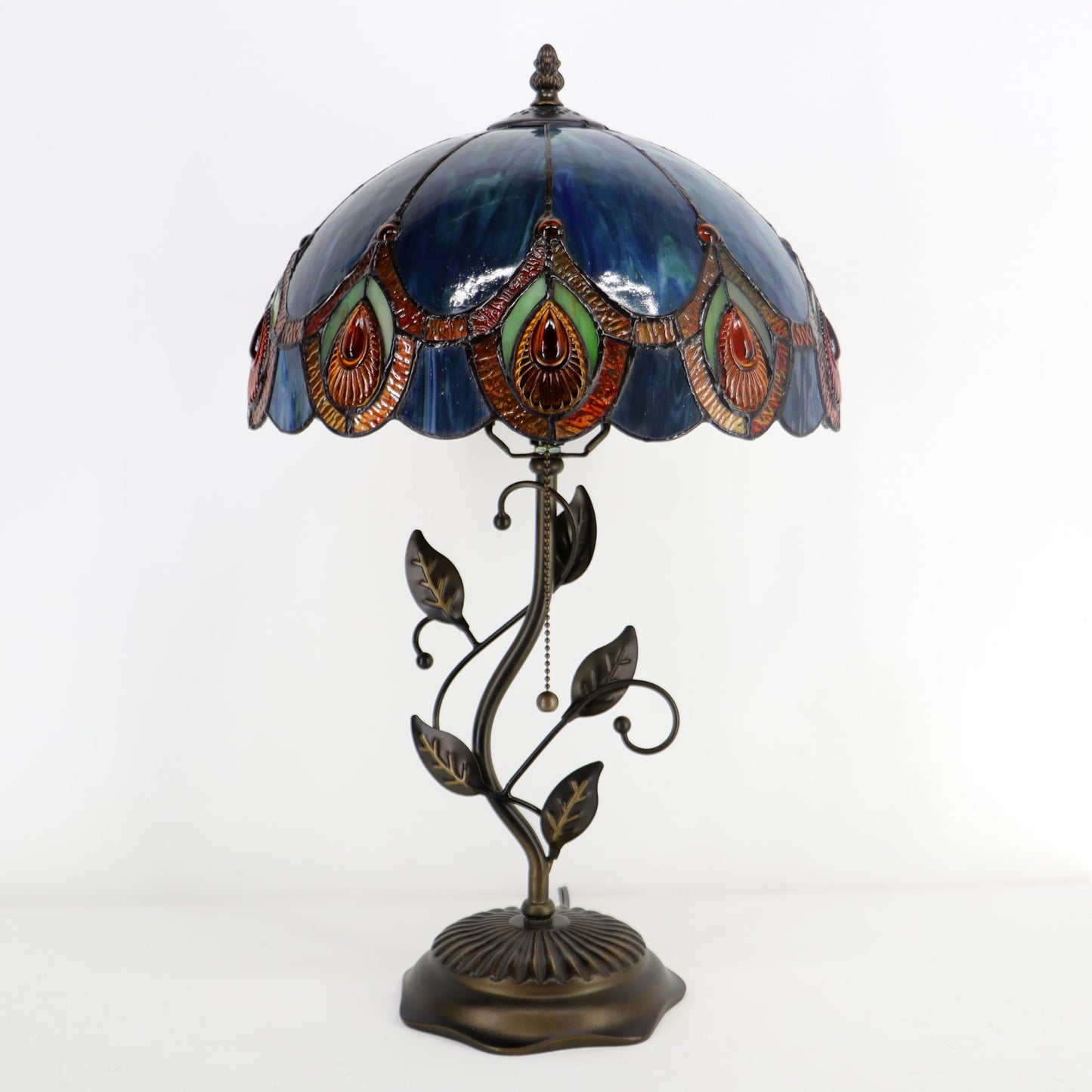 HWDFEI Tiffany Table Lamp, Stained Glass Style Desk Lamp, 12X12X19 Inch,Bedside Reading Light, Metal Leaf Base（Peacock Crystal Style