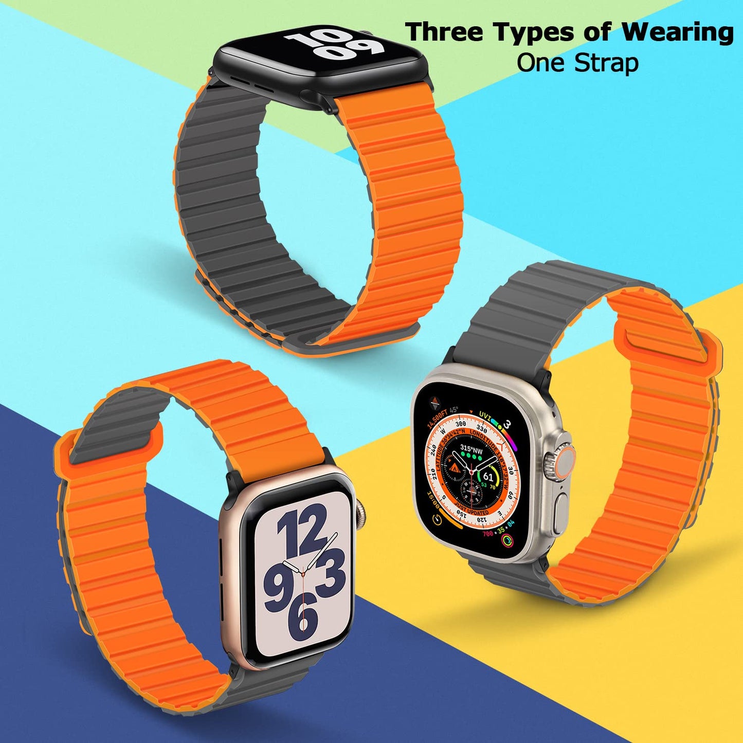 Tasikar Compatible with Apple Watch Strap 49mm 46mm 45mm 44mm 42mm Thin Silicone Magnetic Loop Replacement Bands [Double Sided Wearable] for Apple Watch Ultra Series 10 9 8 7 6 5 4 3 SE - Grey Orange