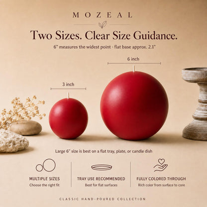 MOZEAL Hand-Poured, 6 Inch Red Large Round Ball Candles - Elegant Red Round Pillar Candles, Dripless, Unscented, Smokeless, Ideal for Valentine's Day and Christmas.