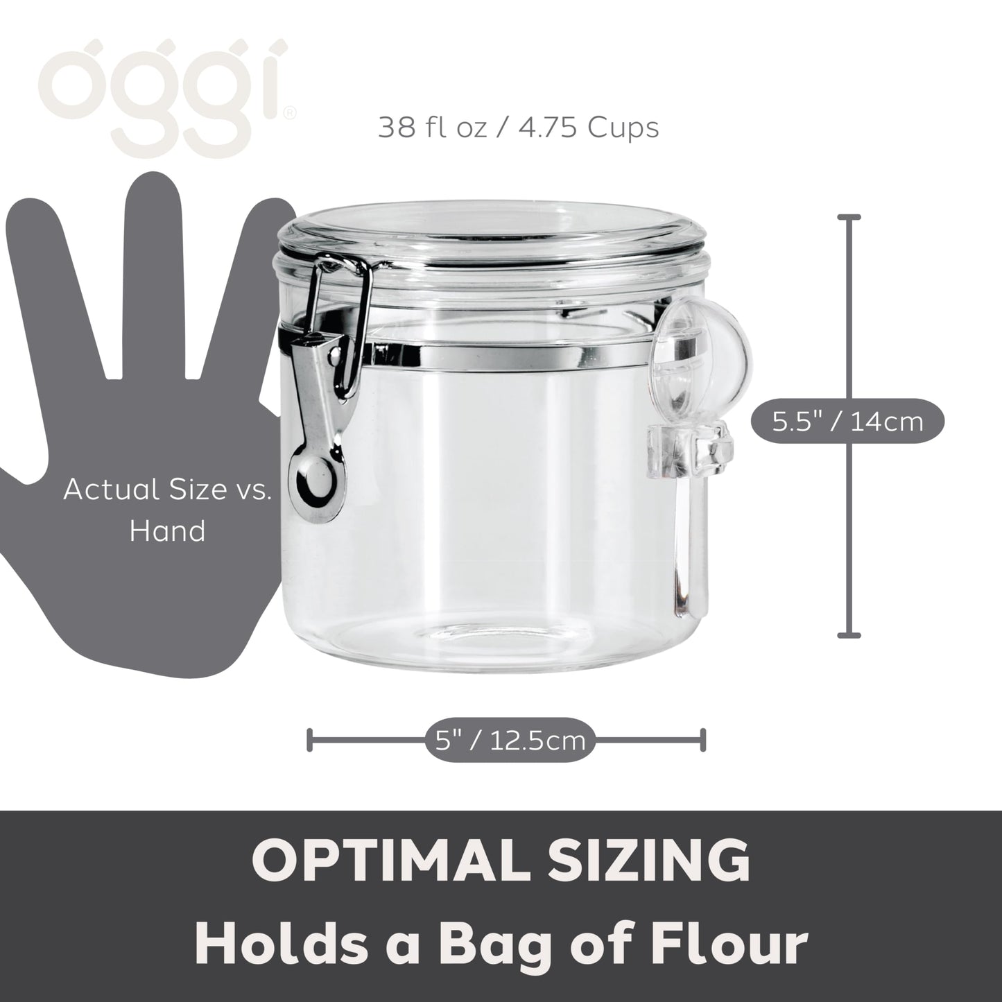 OGGI Clear Canister Airtight 38oz - Clamp Lid & Spoon - Airtight Food Storage Containers, Ideal for Kitchen & Pantry Storage of Bulk, Dry Food Including Flour, Sugar, Coffee, Rice, Tea, Spices & Herbs