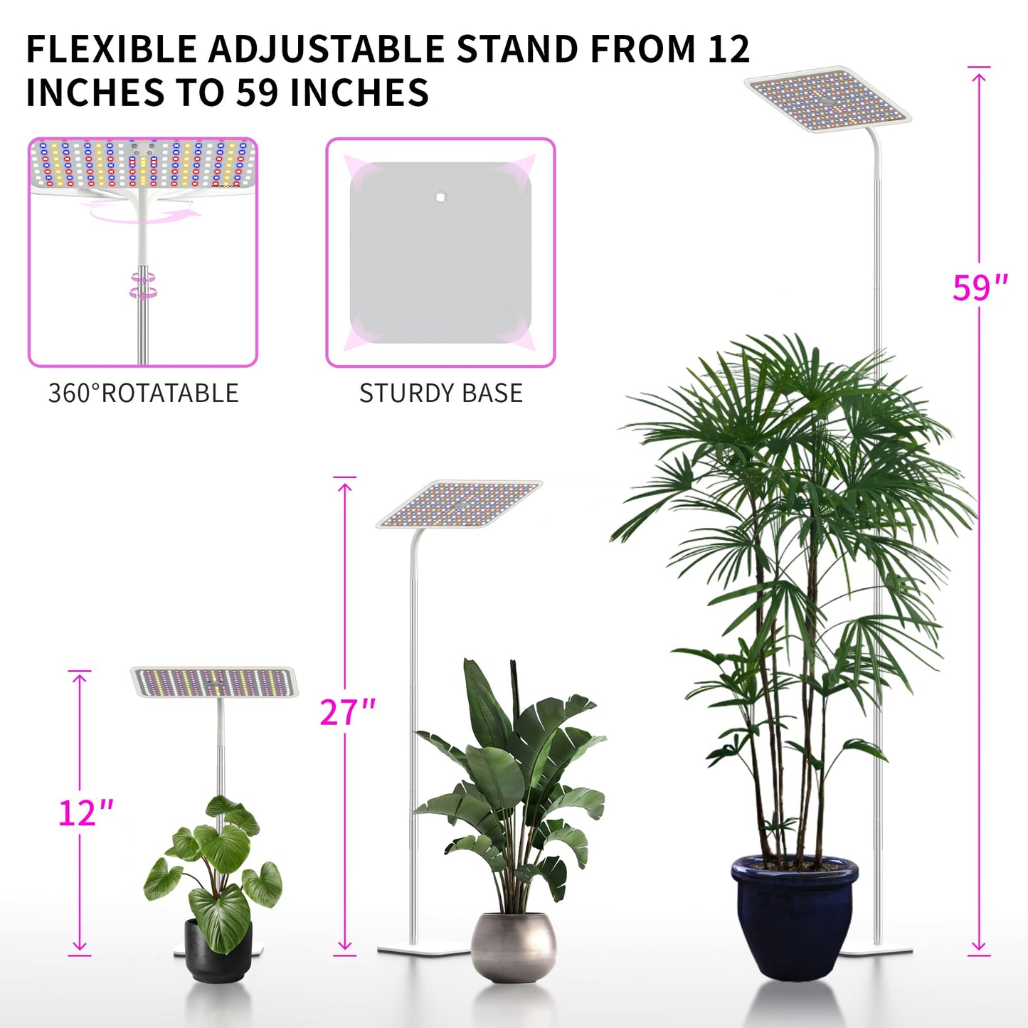 BESTVA 36W Grow Lights with Stand, Full Spectrum LED Plant Light, 12-59 Inch Height Adjustable Growing Lamp with Auto On/Off Timer 4H/8H/12H, 4 Dimmable Brightness
