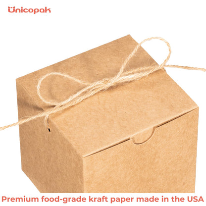 UnicoPak 30 Pack 4x4x4 Small Brown Gift Boxes with Lids & Twine - Premium USA Kraft Cardboard - Pop-Up Easy Assembly Gift Boxes for Presents, Candles, Mugs, Ornaments, Favors