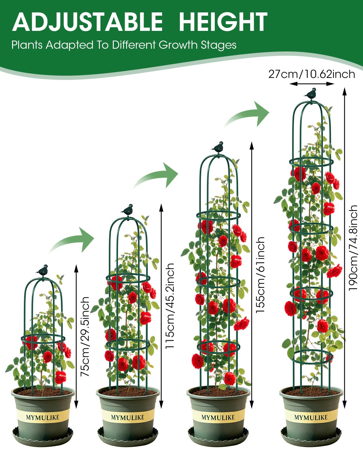 2PCS Garden Trellis for Climbing Plants, 6.2FT Rustproof Metal Pipe with Heavy Duty Plastic Coated, Garden Outdoor Indoor Potted Plant Support, Obelisk Garden Trellis for Climbing Vine (Green)