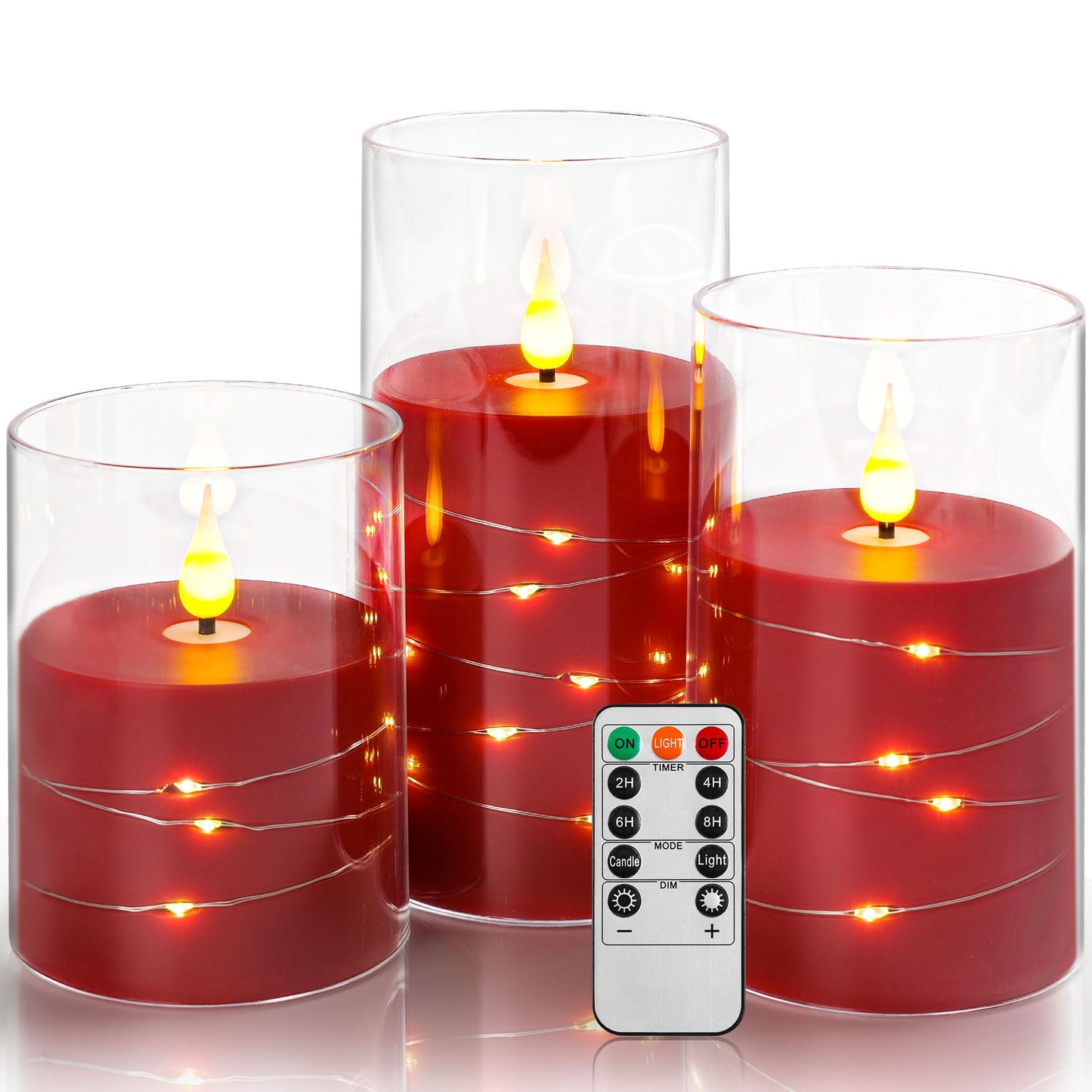 Da by 3 Pack Red Transparent Acrylic Flameless Taper Candles, Flickering Black Wick LED Candles with Fairy String Lights, Heat Resistant ABS Candles with Remote for Indoor Outdoor Decor