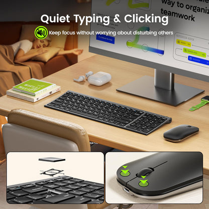 seenda WGJP-031B Wireless Keyboard Mouse Set, Ultra Thin Compact Rechargeable Aluminum Silent Computer Keyboard & Mouse Combo UK QWERTY Layout for Office, Home, Business, Black and Space Gray