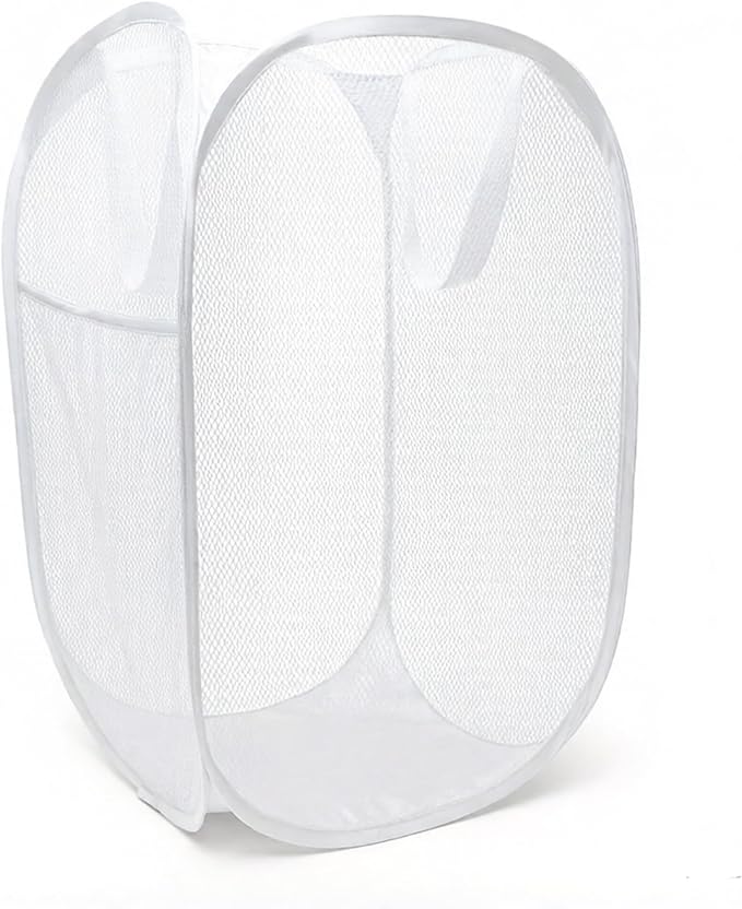 The upgraded pop-up laundry basket features a breathable side pocket mesh design