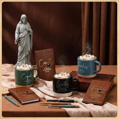 Potchen 18 Pcs Christian Gift Set for Women Men, 13oz Bible Verse Ceramic Coffee Mugs with Leather Journal Pen Inspirational Religious Gifts for Office Coworkers Pastor Church (Bible,Neutral Brown)