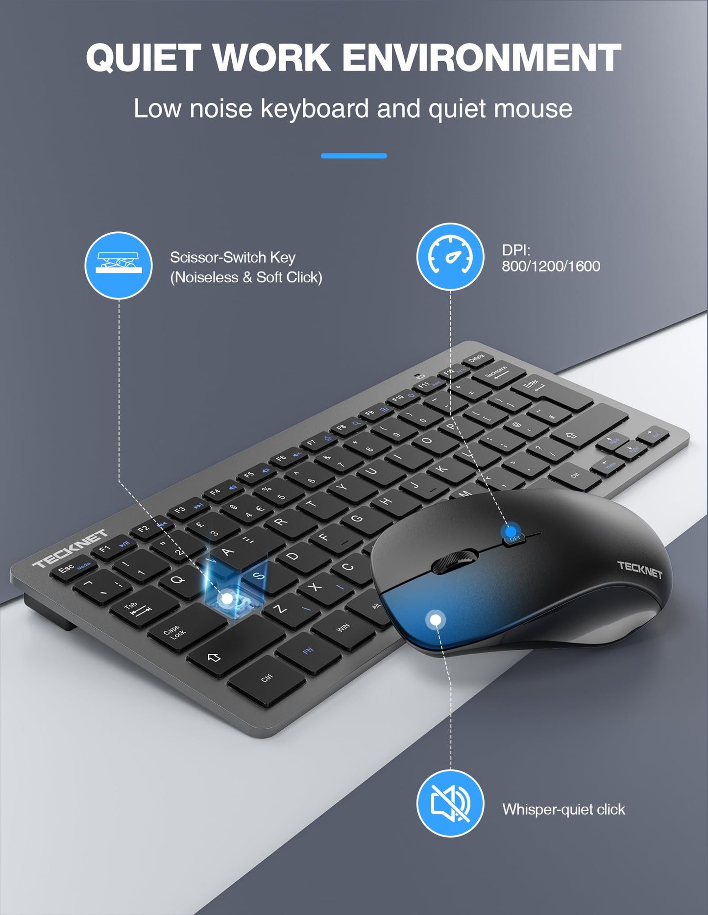TECKNET Mini Wireless Keyboard and Mouse Set, 2.4G Cordless USB Keyboard and Silent Mouse Comb with Nano USB Receiver, 12 Multimedia Shortcuts for Computer, PC, Laptop, Desktop (Grey)
