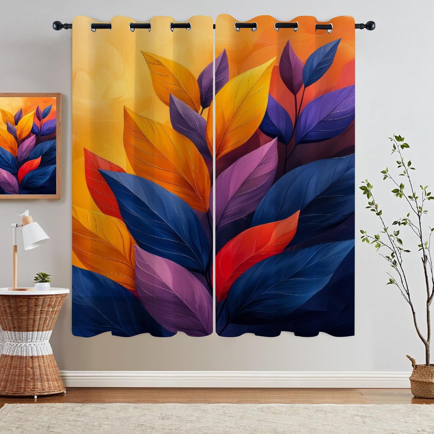 Colorful Plant Leaves Blackout Curtains 2 Panels, Yellow Brown Background 3D Printed Drapes with Grommet Darkening Thermal Insulated Window Draperies for Living Room Bedroom(104" W x 63 "L)