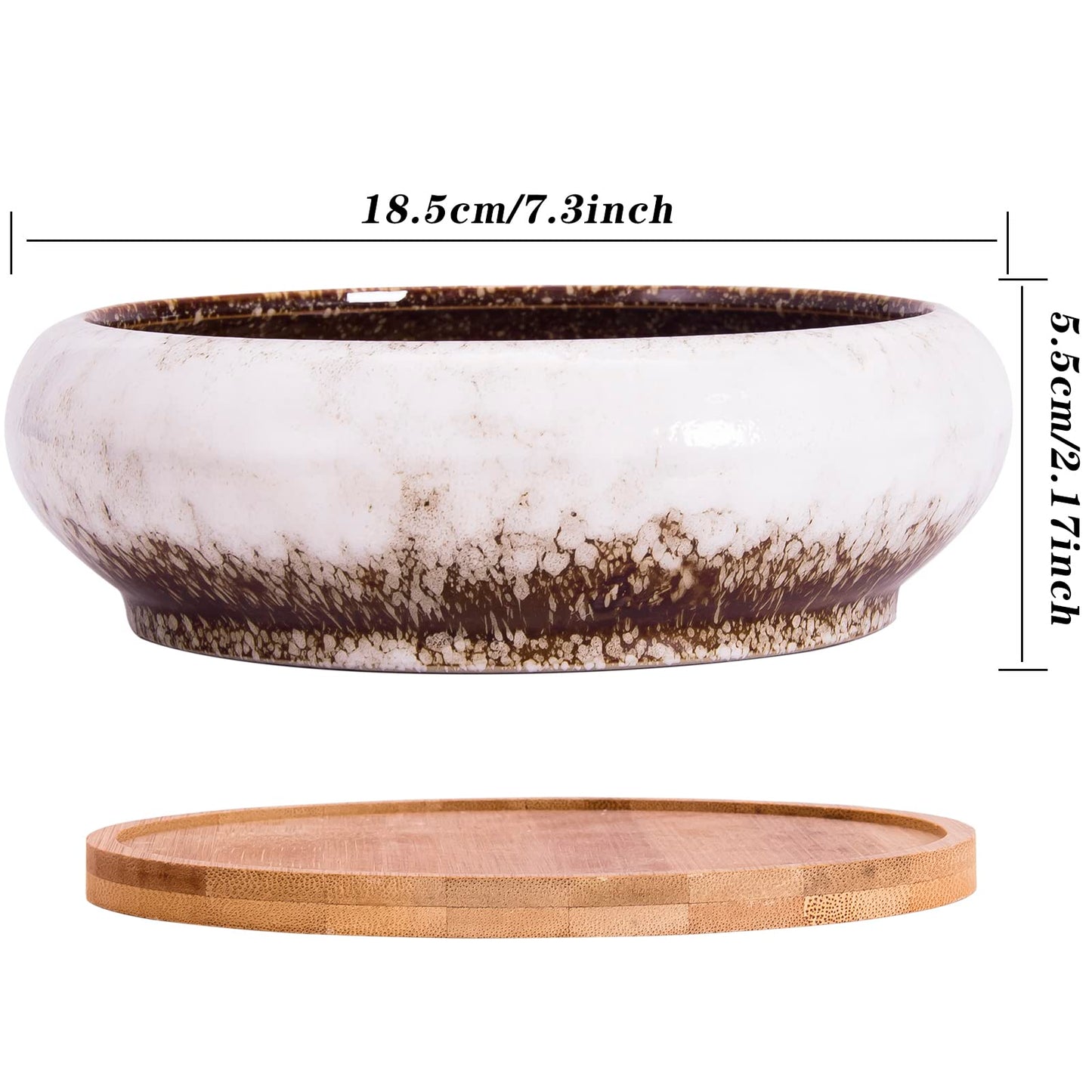 ARTKETTY Succulent Pots - 7.3 Inch Ceramic Bonsai Pot with Tray, Large Succulent Planters with Drainage, Shallow Planter for Indoor Cactus Plants Decorative Flower Plant Container Bowl
