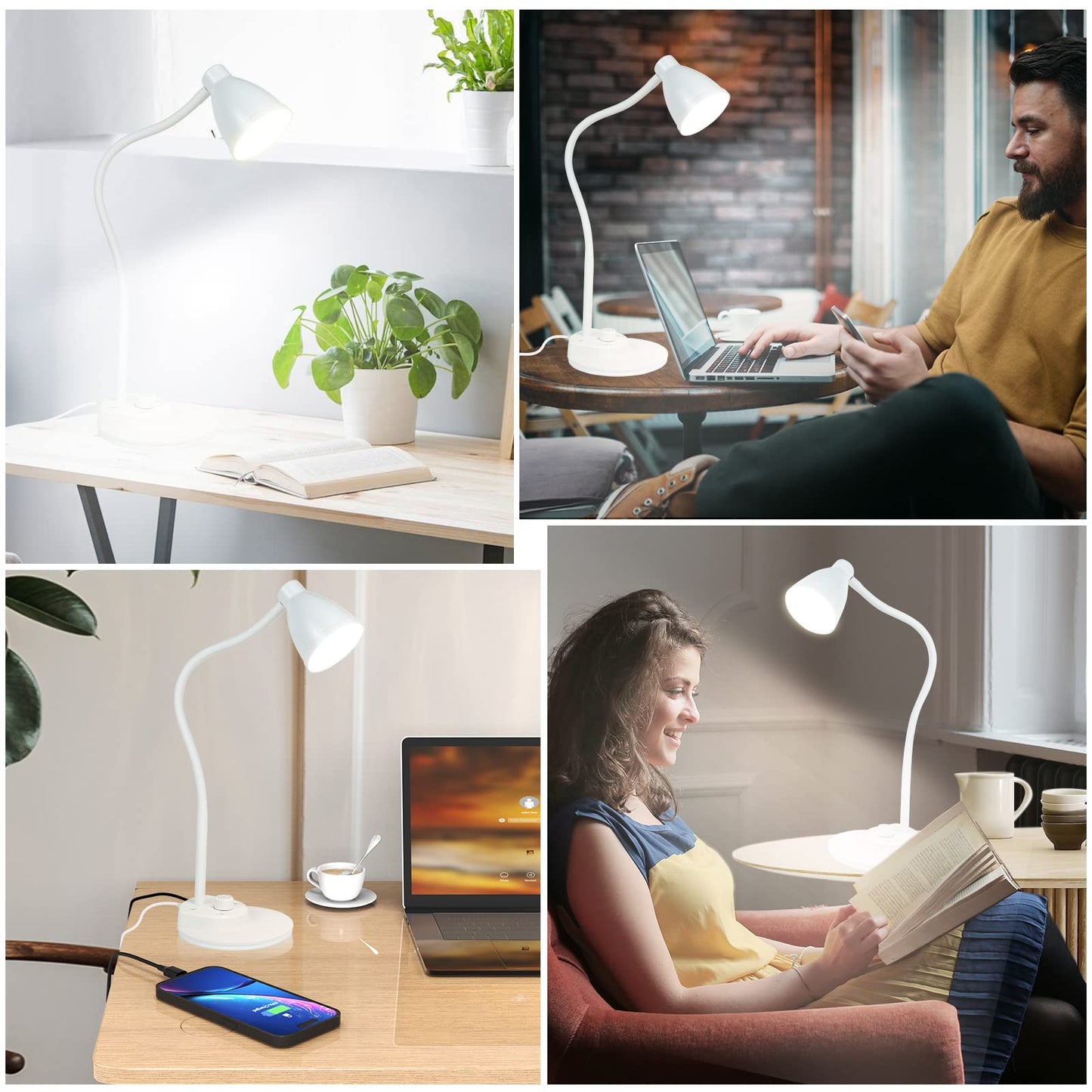 BOHON LED Table Lamp with USB Charging Port, 3 Color Modes Dimmable Reading Lamp, Automatic Dimming Task Lamp, Flexible Goose Neck Table Lamp for Dorm Bedside Table with Adapter, White