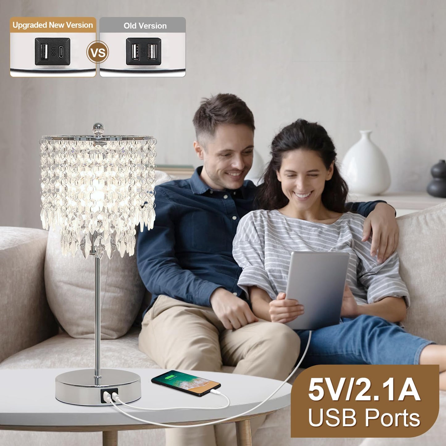 Boncoo Crystal Table Lamp Set of 2 Touch Control, Crystal Lamps with USB Ports Elegant Shade Bedside Lamp Silver, Dimmable Touch Table Lamp for Nightstand Bedroom Living Room, 4W LED Bulb Included