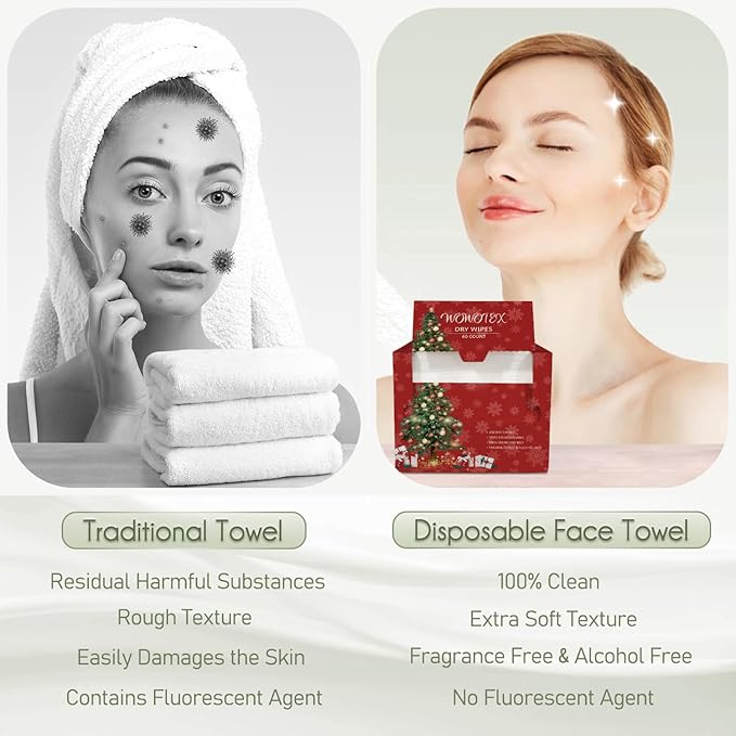 Christmas Style WOWOTEX Disposable Face Towel Biodegradable Large Dry Wipes 60