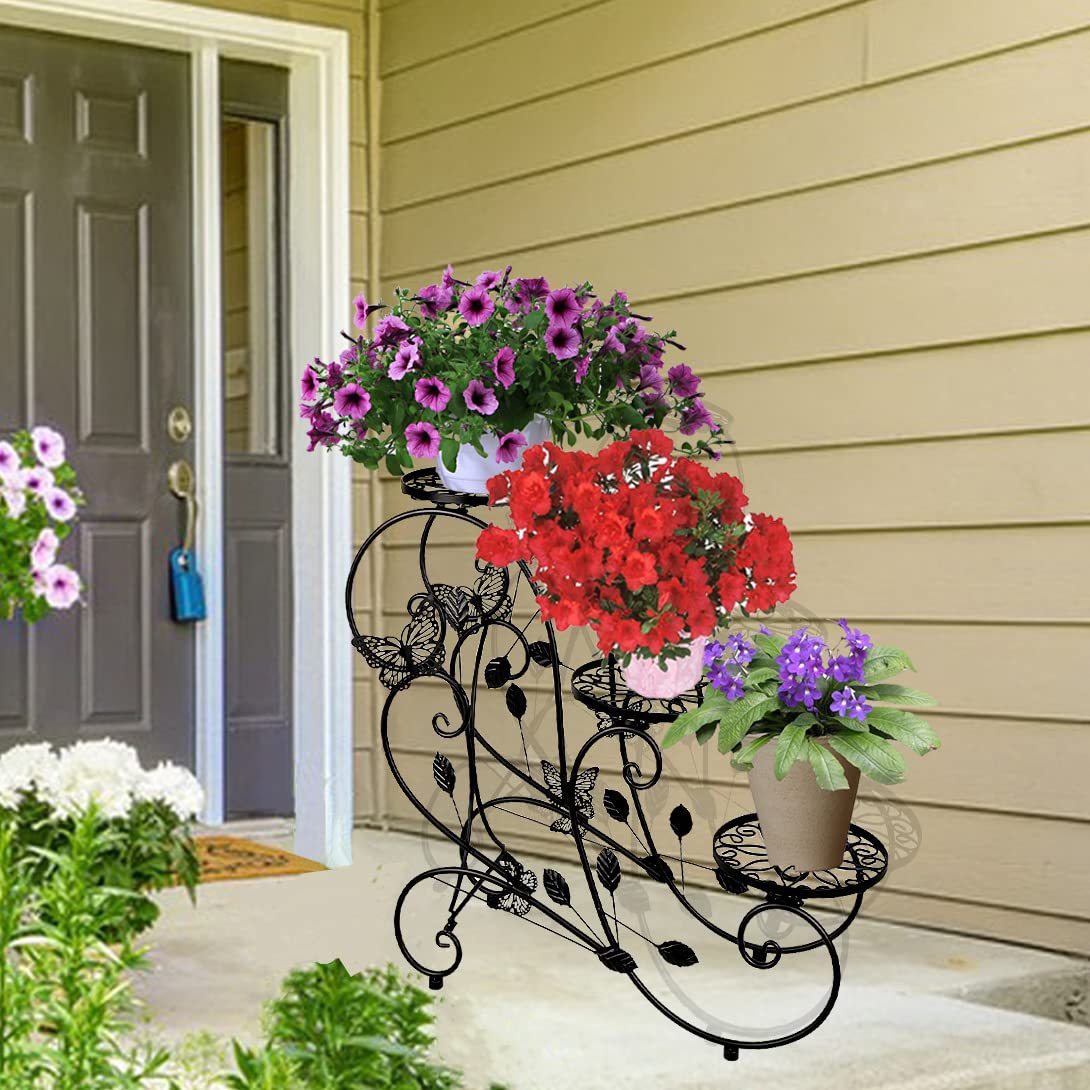 HLC Metal Plant Stand 3 Tier Flower Pot Holder Indoor Outdoor Plant Display Shelf Rack for Garden, Balcony, Patio, Corner, Living Room, Black