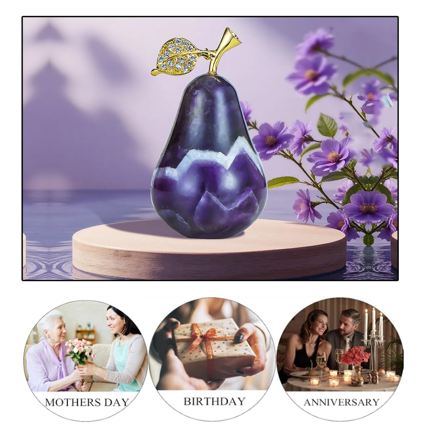 LEADGEM Amethyst Crystal Pear Statue Home Ornament Decor Quartz Fruit Pears Sculpture Collectible Figurines Paperweight for Home Kitchen Tabletop Centerpiece