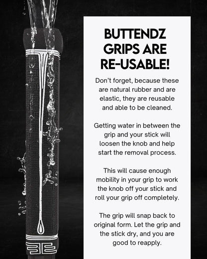 Buttendz Fusion Z Hockey Stick Replacement Grip - Reusable Design, Small Knob Player Grip for Top Hand Mobility, Fits All Stick Sizes (Black, White Drip)
