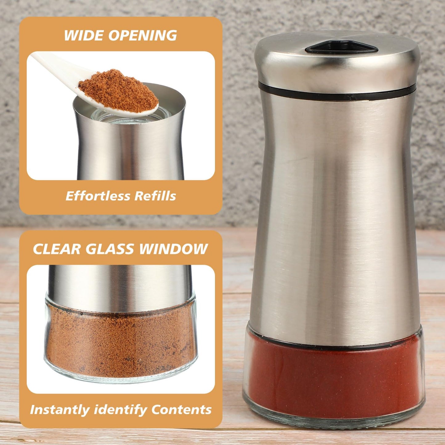 Honeydak 12 Sets Stainless Steel Salt and Pepper Shakers Adjustable Pour Holes Spice Dispenser for Salt, Sugar, Cinnamon, and Pepper, Stylish Kitchen Seasoning and Spice Shaker Set