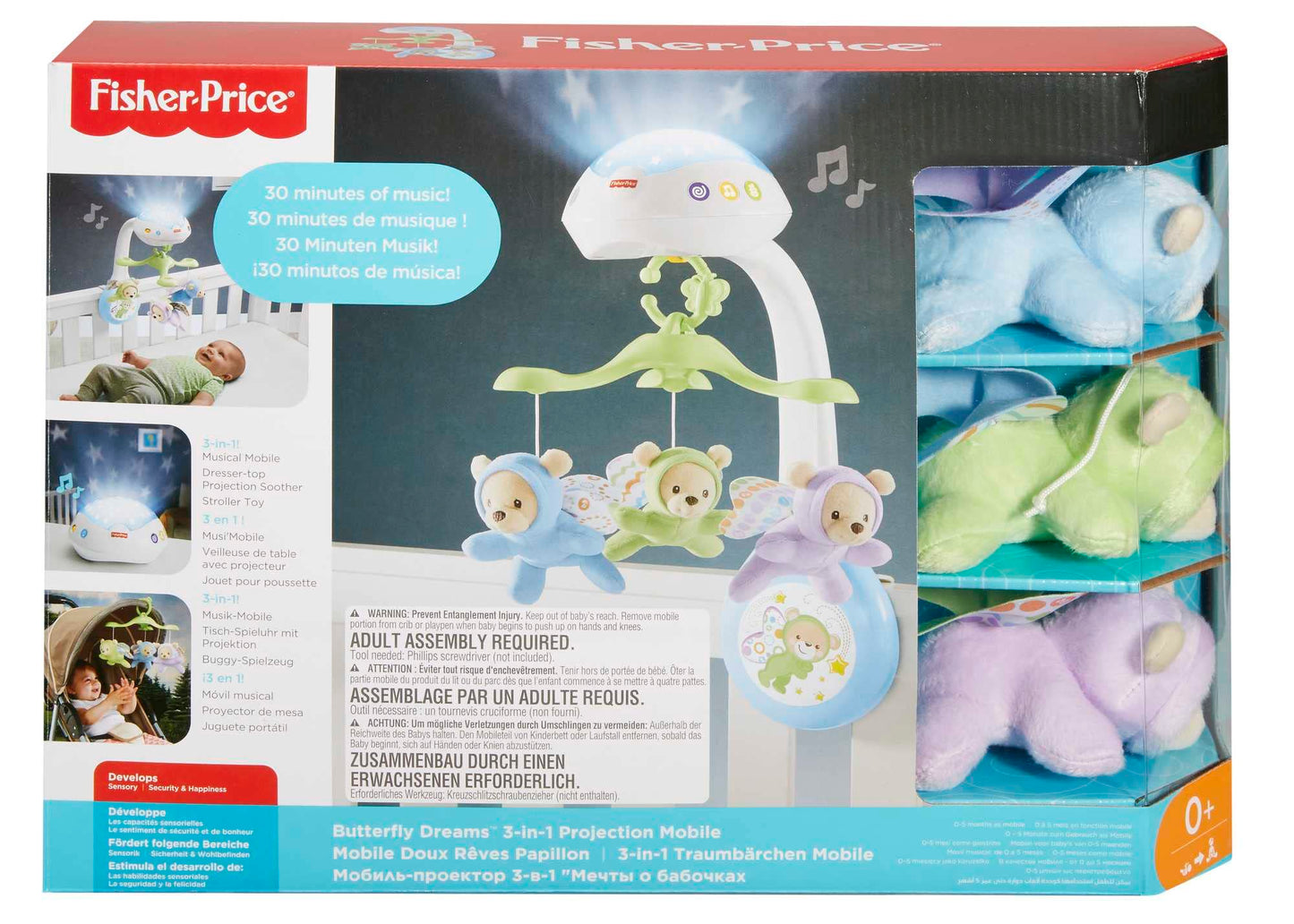 Fisher-Price Butterfly Dreams 3-in-1 Projection Mobile - Soothing Baby Sleep Aid with 3 Audio Modes and Plush Bears, Musical Cot Mobile, Tabletop Projector and Stroller Toy, Newborn Baby Toys, CDN41