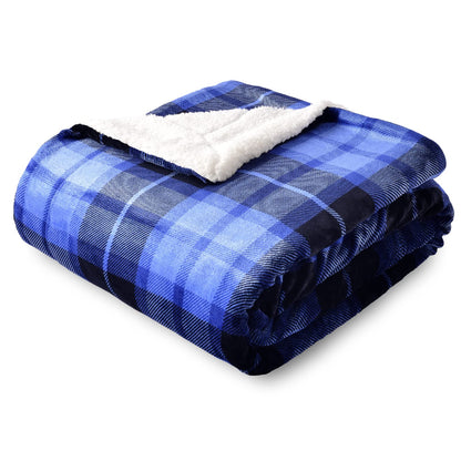 SOCHOW Sherpa Plaid Fleece Throw Blanket, Double-Sided Super Soft Luxurious Bedding Blanket 127cm×150cm, Blue