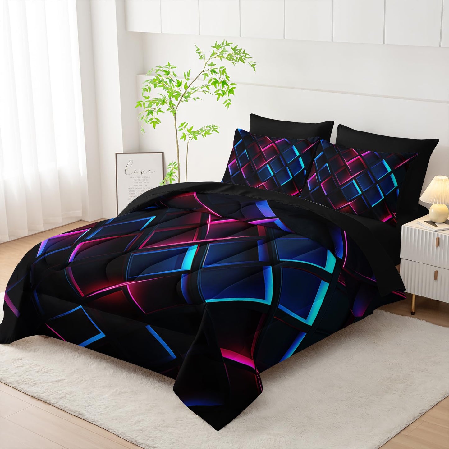 Nttopship Blue Black Geometric Comforter Set Full Size 3D Stereoscopic Square Bedding Set Honeycomb Bedding Set 7 Pieces Modern Style Geometry Decor with Pillowcases,Flat, Fitted Sheet