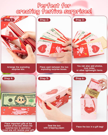 ASSRECT Exploding Gift Box -Valentine's Day, BirthdaySurprise Box Pop Up with 12 Money Holders, ReusableDate Gift Box for Valentine's Day, Cash, Gifts, Birthday, Party supplies (Pink)